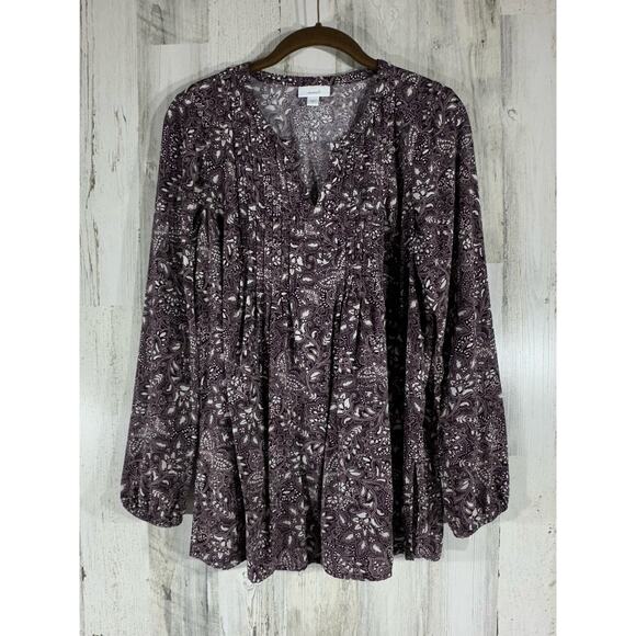 PureJill by J Jill Blouse Top Size Small Dark Plum Floral Notch Neck Pleated - Picture 1 of 9